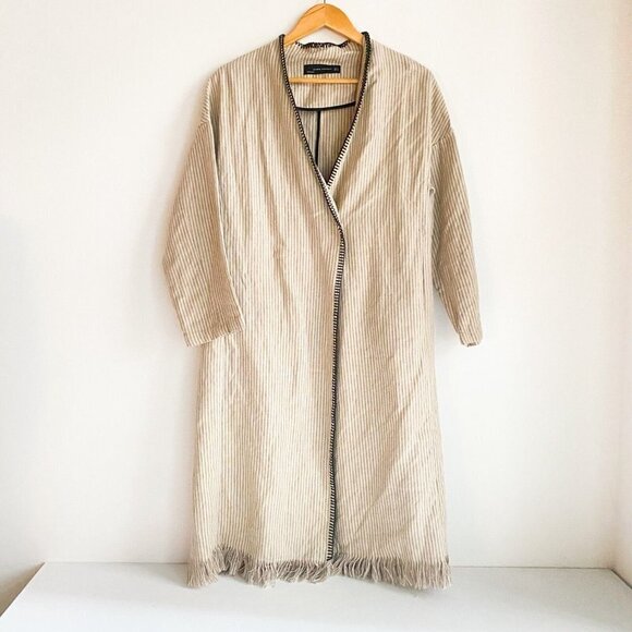 Zara Linen  Striped Belted Whipstitch Simple Minimalist Coat NO BELT S - Picture 3 of 7
